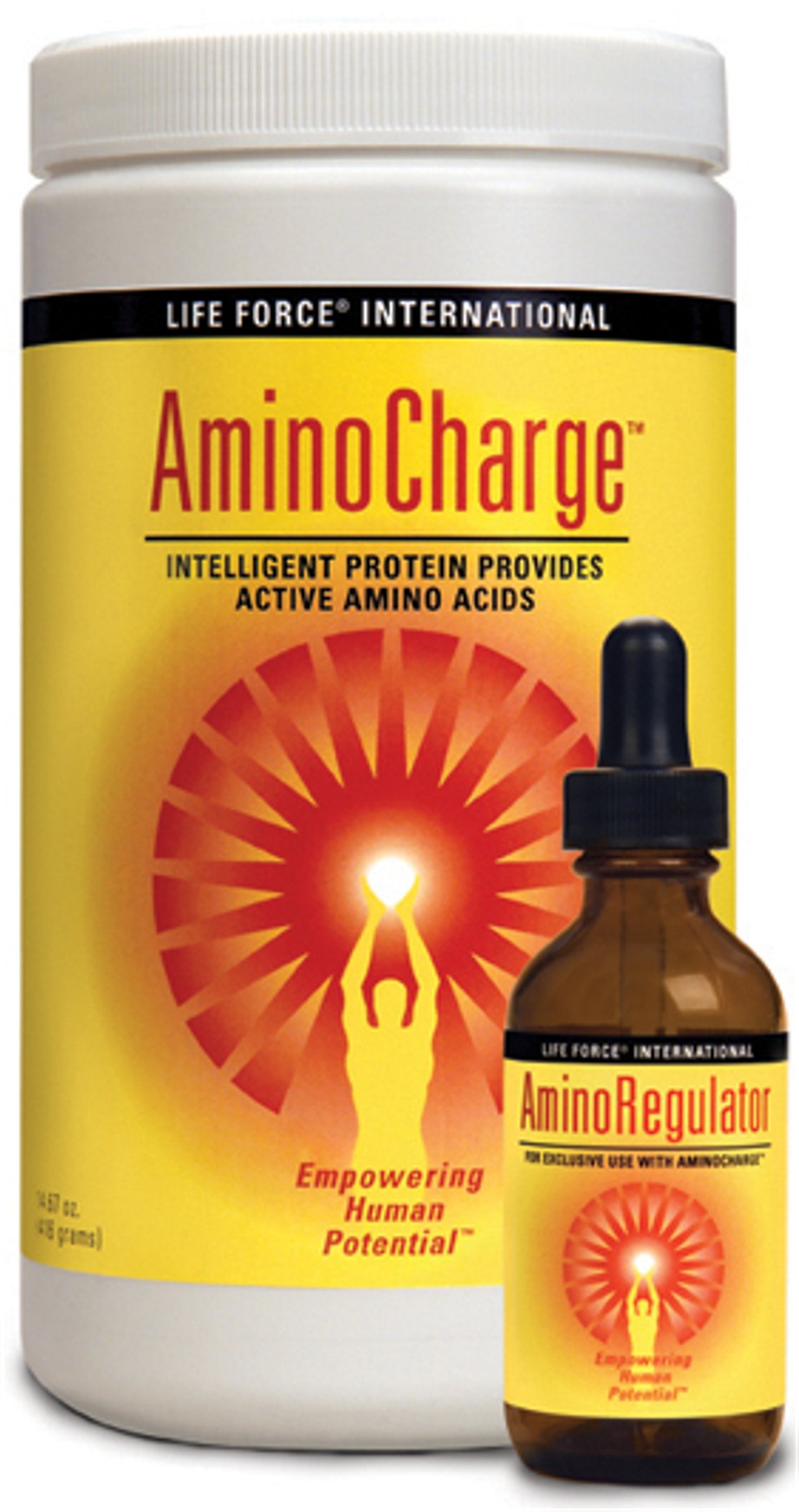 Amino Charge in its container, with the dropper bottle of the Amino Regulator