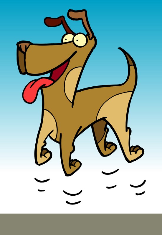 A cartoon graphic of a dog who has a goofy smile on his face and all 4 feet off the ground.