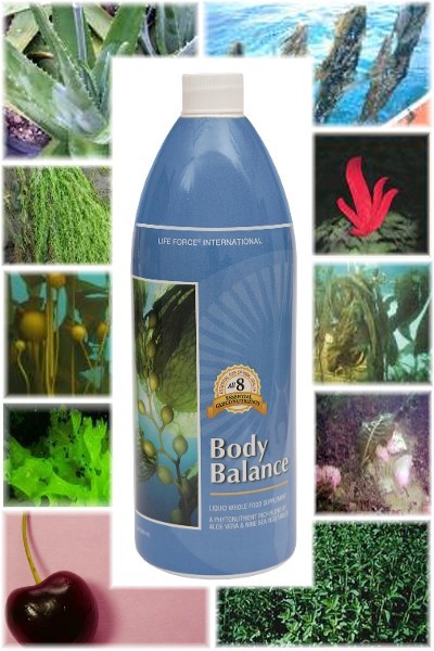 A collage of Body Balance over photos of 7 of the of 9 types of sea vegetation, aloe, honey, black cherry, and stevia that are ingredients in the formula.
