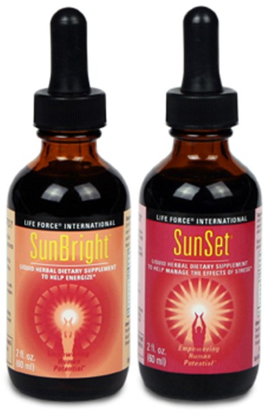 A dropper bottle of SunSet and a dropper bottle of SunBright