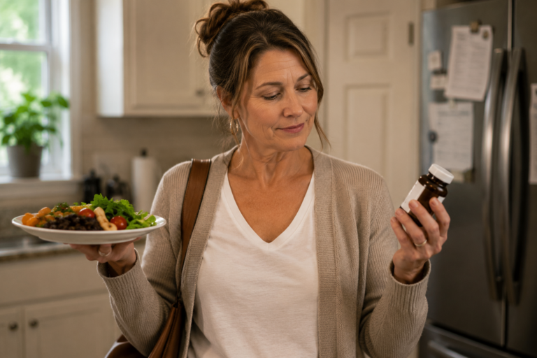 A woman holding a plate of salad and a supplement bottle