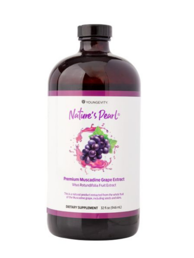 A bottle of Nature's Pearl Muscadine Grape extract