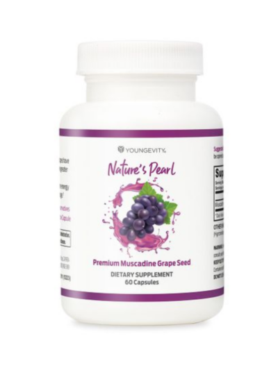 A bottle of Nature's Pearl Muscadine Grape Seed capsules