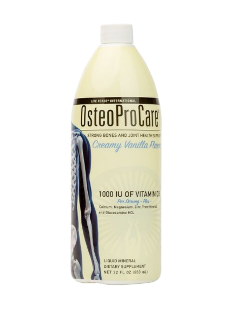 A bottle of OsteoProCare liquid calcium, minerals, and glucosamine supplement