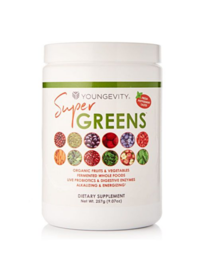 A canister of Super Greens powder