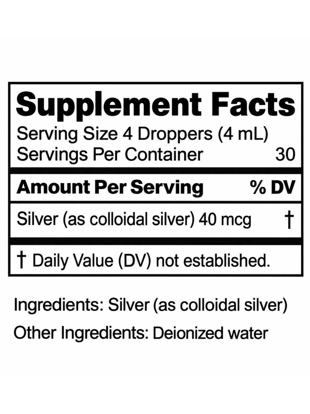 Colloidal Silver Supplement Facts panel and ingredients