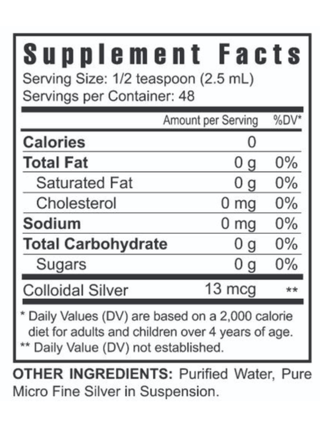 Colloidal Silver Supplement Facts panel and ingredients